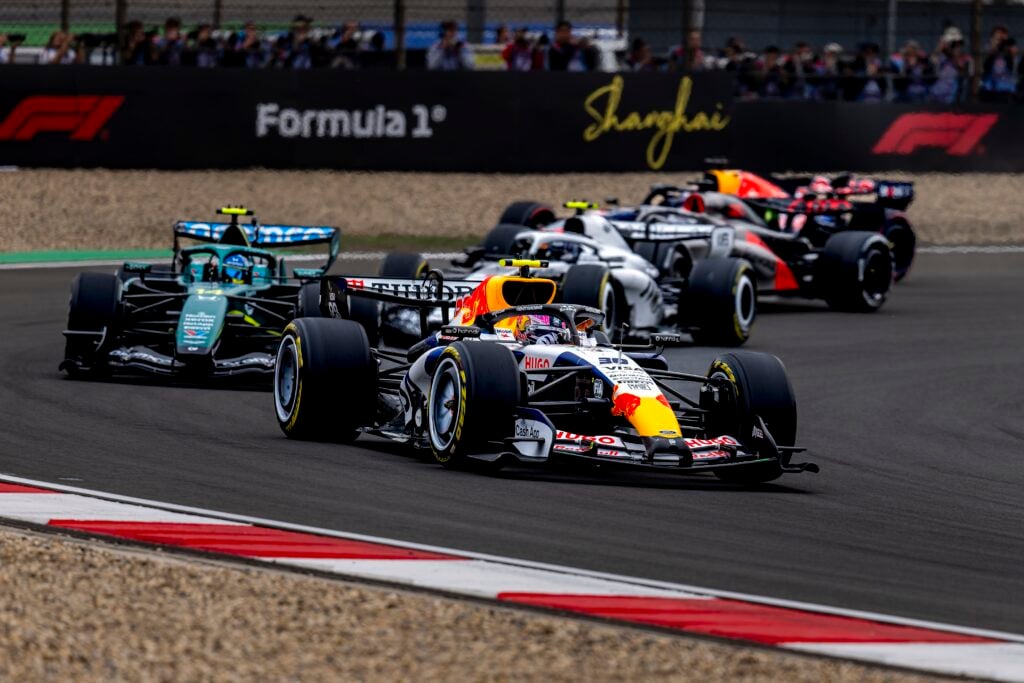 Racing Bulls driver Liam Lawson leading a group of cars at the 2026 Chinese Grand Prix