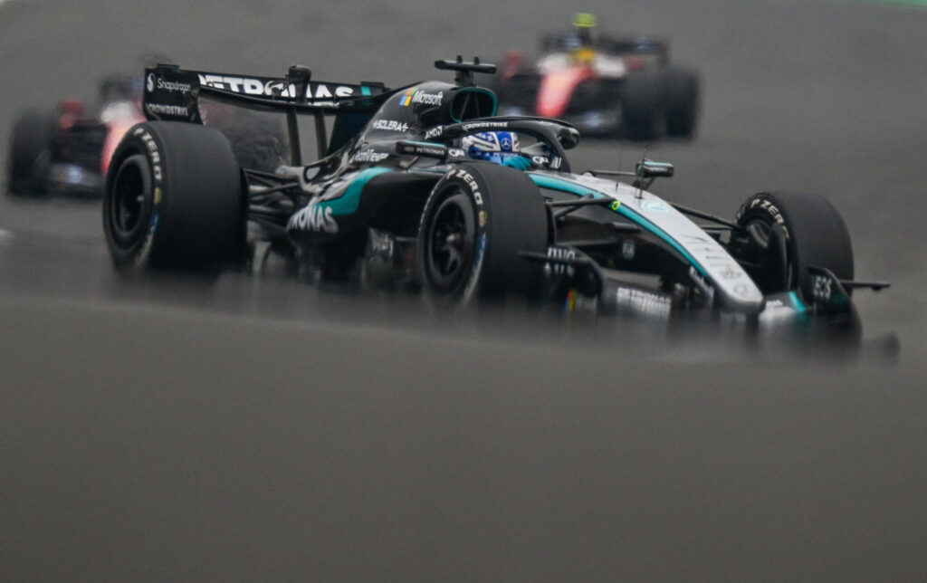 Mercedes driver George Russell on track ahead of Ferrari's Charles Leclerc and Lewis Hamilton during the 2026 F1 Chinese Grand Prix