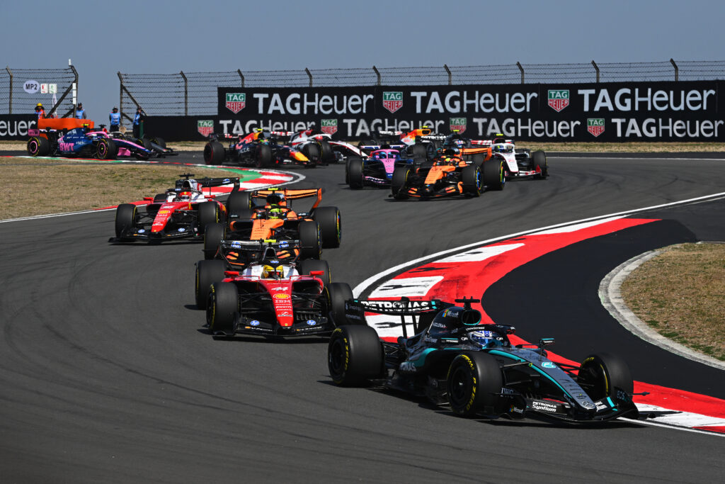 George Russell leads Lewis Hamilton and Lando Norris at the start of the F1 Sprint at the 2026 Chinese Grand Prix