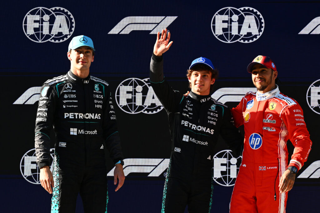 Mercedes drivers George Russell and Andrea Kimi Antonelli with Ferrari's Lewis Hamilton in parc ferme after qualifying for the 2026 F1 Chinese Grand Prix