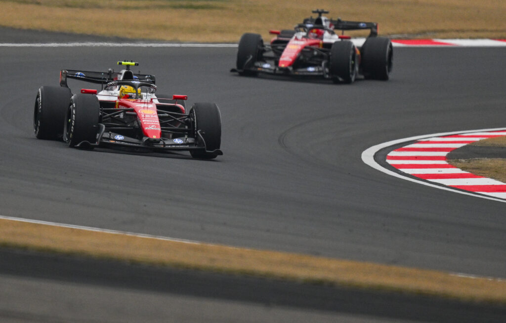 Lewis Hamilton of Scuderia Ferrari HP leads team-mate Charles Leclerc during their race-long battle for the final podium position at the 2026 Chinese Grand Prix, at the Shanghai International Circuit, in Shanghai, China, on March 15, 2026.