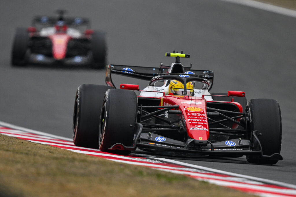 Ferrari driver Lewis Hamilton leading Charles Leclerc at the 2026 Formula 1 Chinese Grand Prix