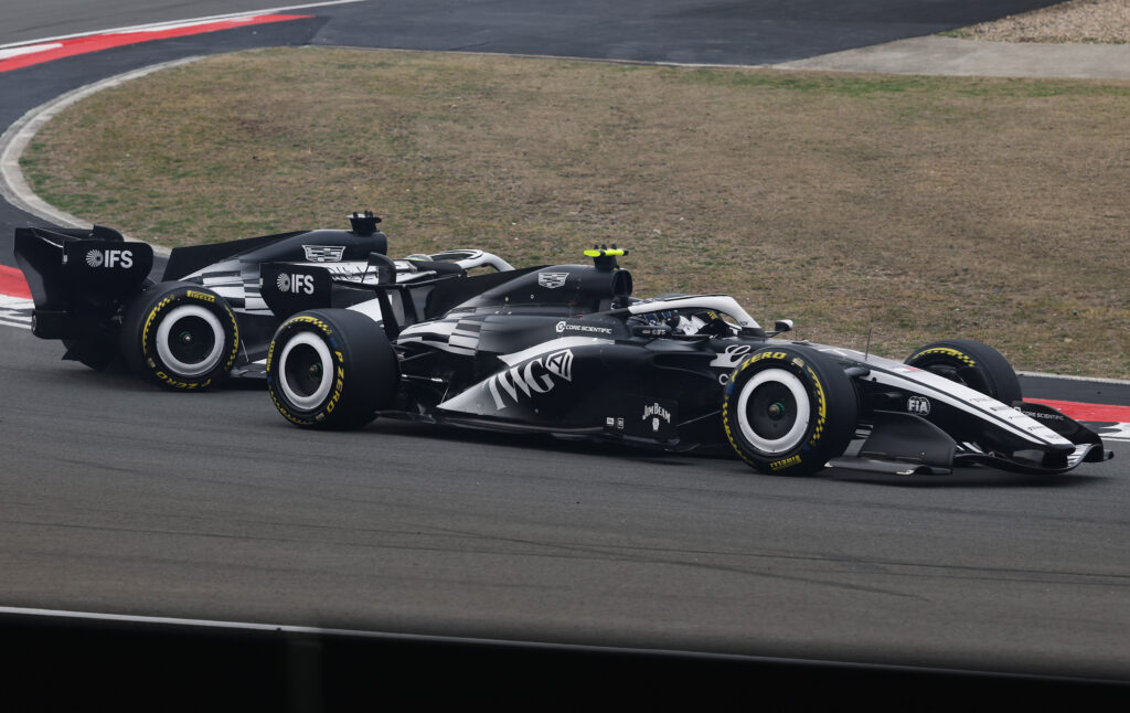 Valtteri Bottas of Finland driving the (77) Cadillac F1 Team MAC-26 Ferrari leads Sergio Perez of Mexico driving the (11) Cadillac F1 Team MAC-26 Ferrari on track during the F1 Grand Prix of China at Shanghai International Circuit on March 15, 2026 in Shanghai, China.