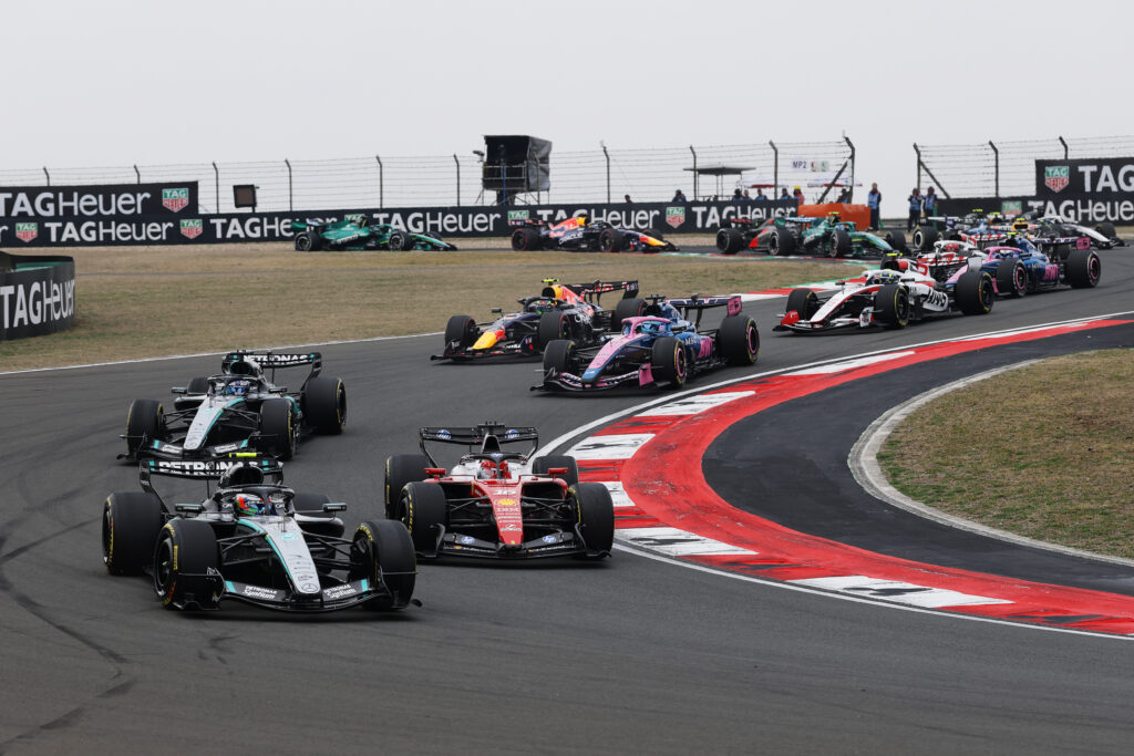 Mercedes driver Andrea Kimi Antonelli leads the first lap of the 2026 F1 Chinese Grand Prix