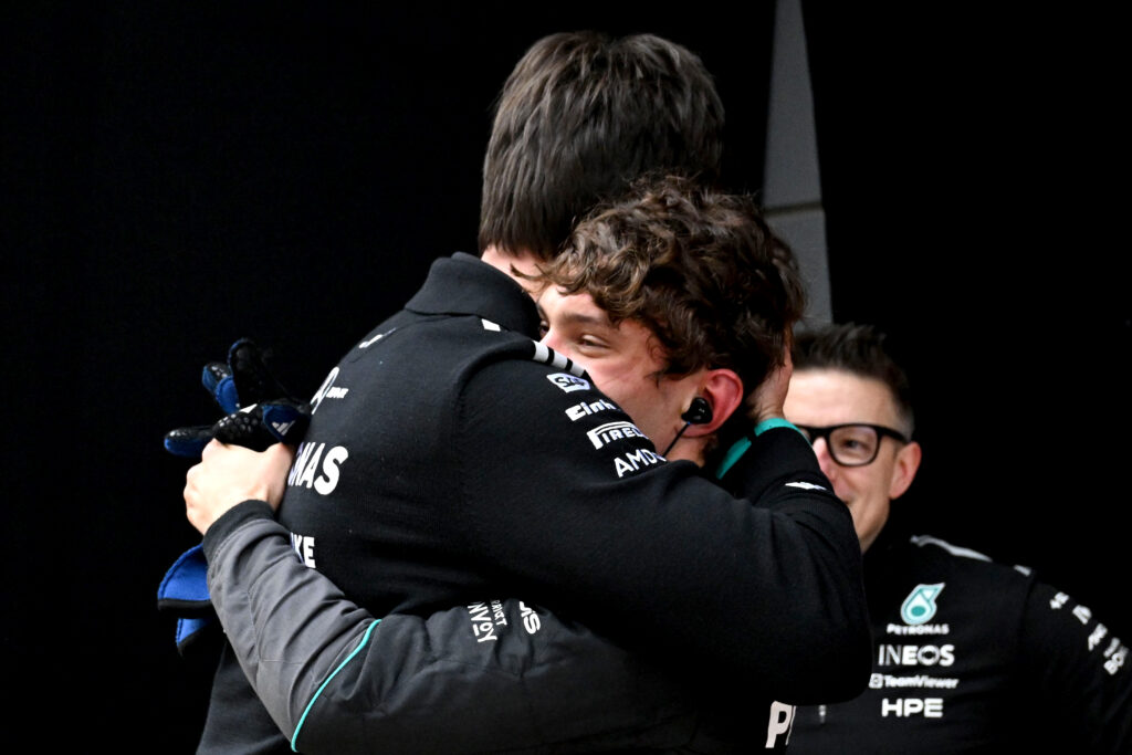 Race winner Andrea Kimi Antonelli of Italy and Mercedes AMG Petronas F1 Team and Toto Wolff, Executive Director of Mercedes AMG Petronas F1 Team celebrate in parc ferme during the F1 Grand Prix of China at Shanghai International Circuit on March 15, 2026 in Shanghai, China.