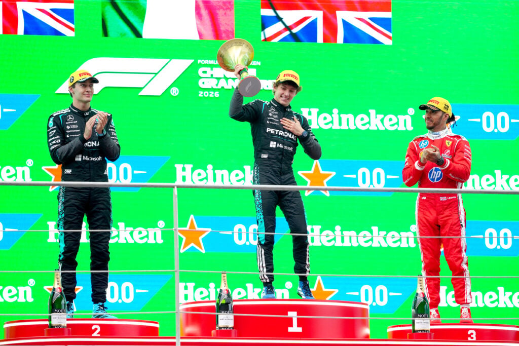 Race winner Andrea Kimi Antonelli of Italy and Mercedes AMG Petronas F1 Team Second placed George Russell of Great Britain and Mercedes AMG Petronas F1 Team and Third placed Lewis Hamilton of Great Britain and Scuderia Ferrari on the podium during the F1 Grand Prix of China at Shanghai International Circuit on March 15, 2026 in Shanghai, China.