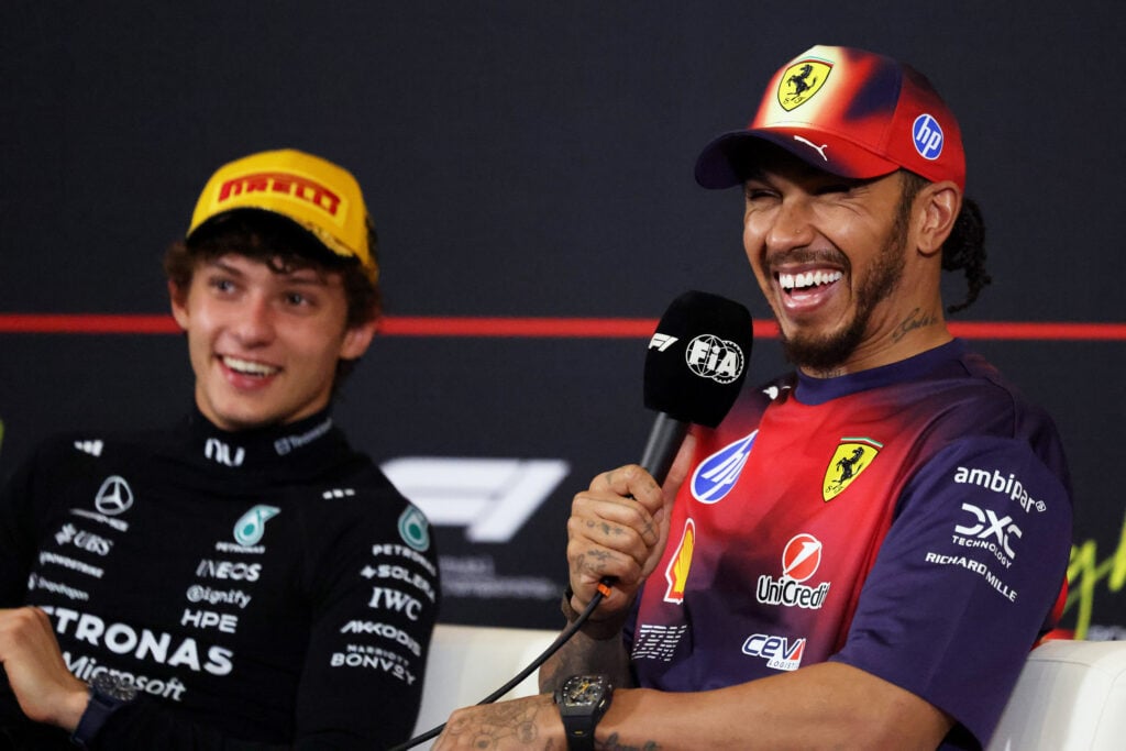 Mercedes driver Andrea Kimi Antonelli and Ferrari's Lewis Hamilton in the post-race press conference after the 2026 F1 Chinese Grand Prix