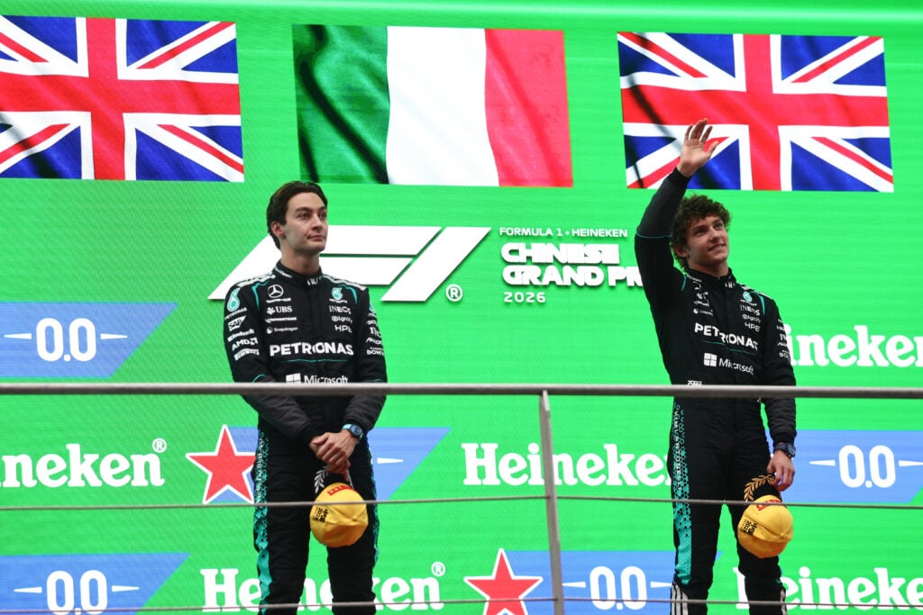 Mercedes drivers George Russell and Kimi Antonelli on the podium at the 2026 Chinese Grand Prix
