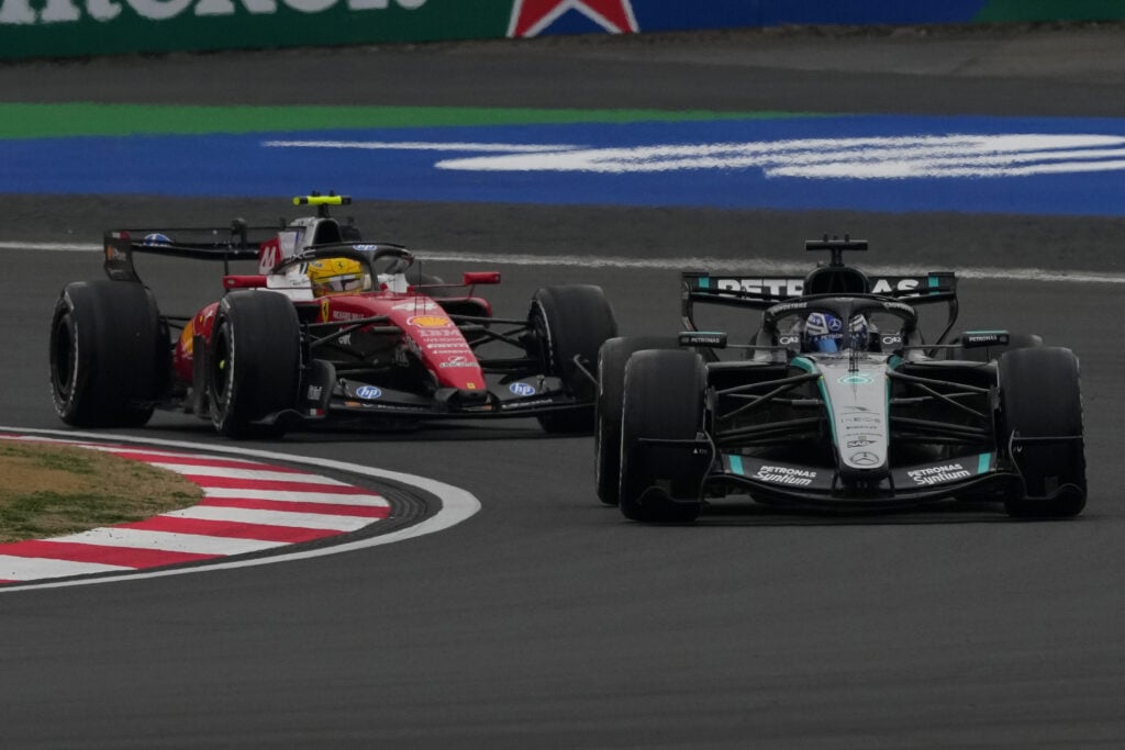 Mercedes' George Russell ahead of Ferrari driver Lewis Hamilton on track during the 2026 F1 Chinese Grand Prix