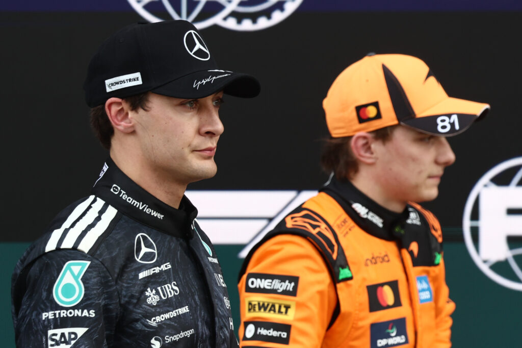 George Russell of Mercedes and Oscar Piastri of McLaren after the qualifying ahead of the Formula 1 Japanese Grand Prix at Suzuka Circuit in Suzuka, Japan on March 28, 2026.