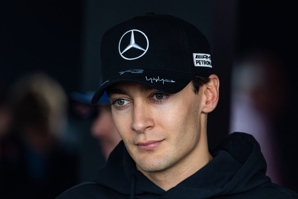 George Russell of Great Britain and Mercedes AMG Petronas answers questions in the TV media pen during the F1 Grand Prix of Japan at Suzuka Circuit on March 29, 2026 in Suzuka, Japan.