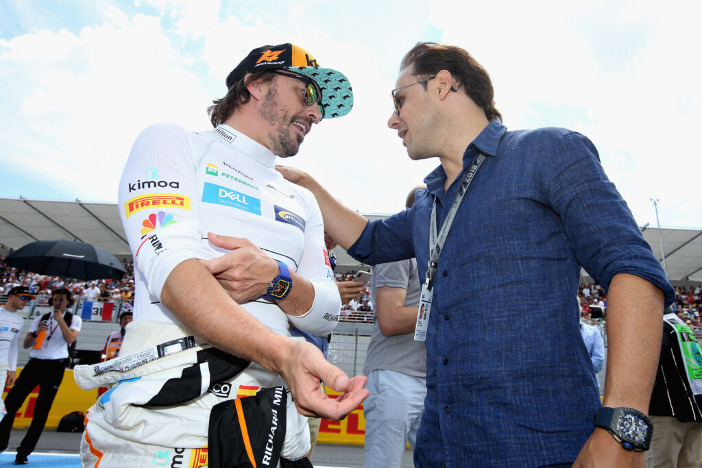 Fernando Alonso of Spain and McLaren F1 talks with Felipe Massa on the grid before the Formula One Grand Prix of France at Circuit Paul Ricard on June 24, 2018 in Le Castellet, France.