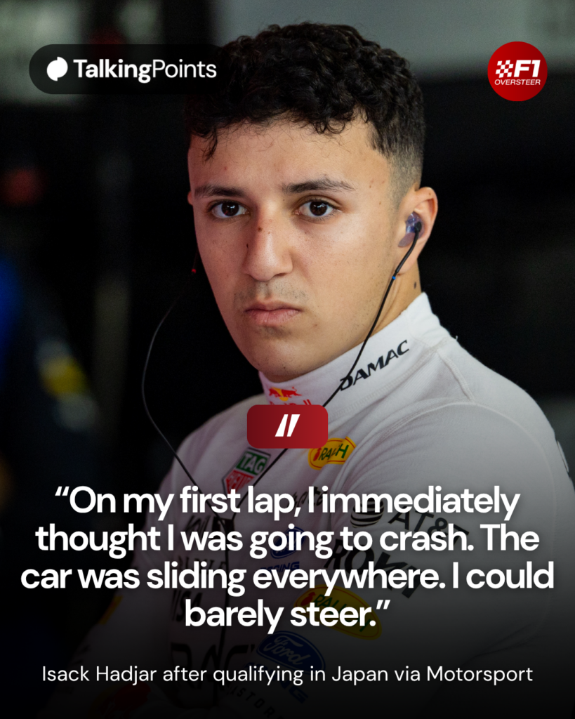 Red Bull driver Isack Hadjar looks on from the garage during practice at the 2026 F1 Japanese Grand Prix