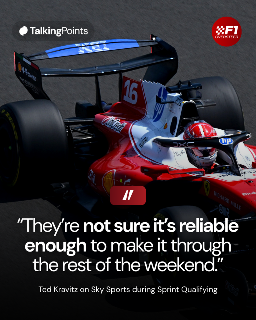 Charles Leclerc on track during FP1 at the 2026 Chinese Grand Prix using Ferrari's Macarena rear wing