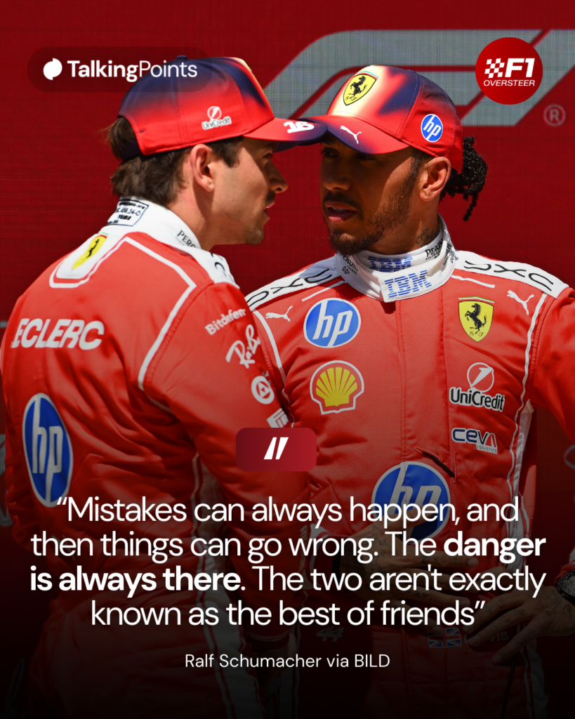 Ferrari drivers Charles Leclerc and Lewis Hamilton talk in parc ferme after the F1 Sprint at the 2026 Chinese Grand Prix