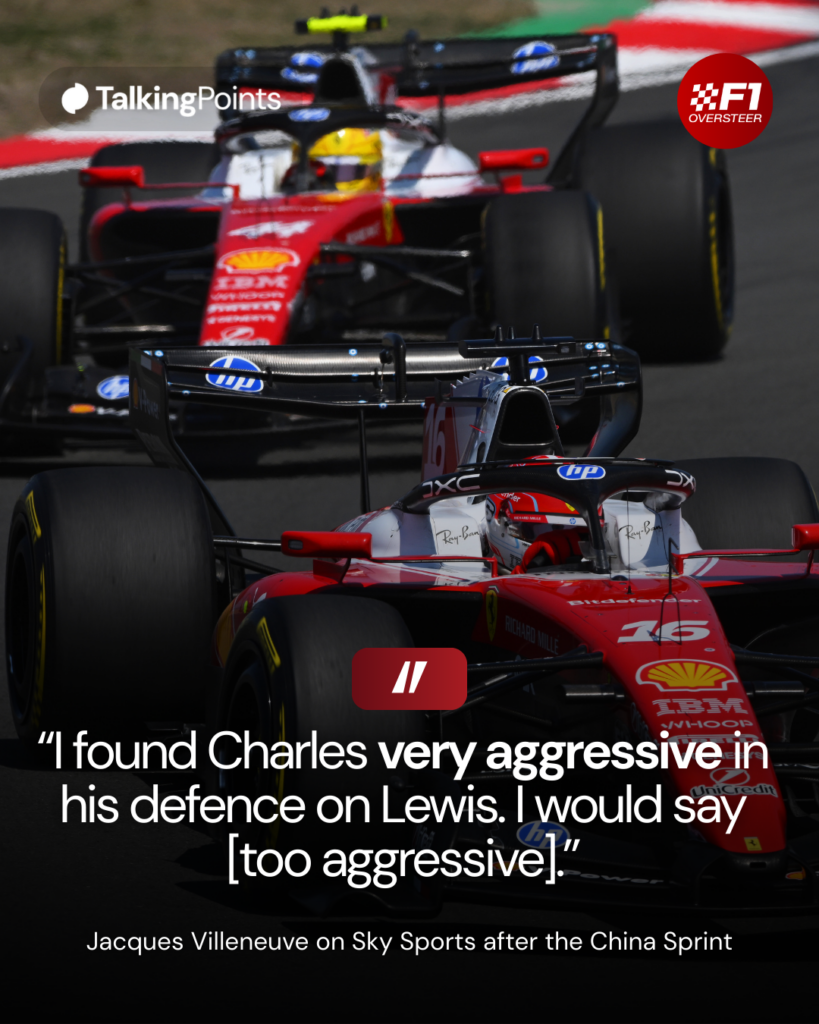 Ferrari driver Charles Leclerc leads teammate Lewis Hamilton on track during the F1 Sprint at the 2026 Chinese Grand Prix