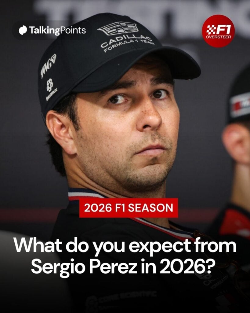 Cadillac's Sergio Perez sitting in an F1 press conference at pre-season testin in Bahrain.