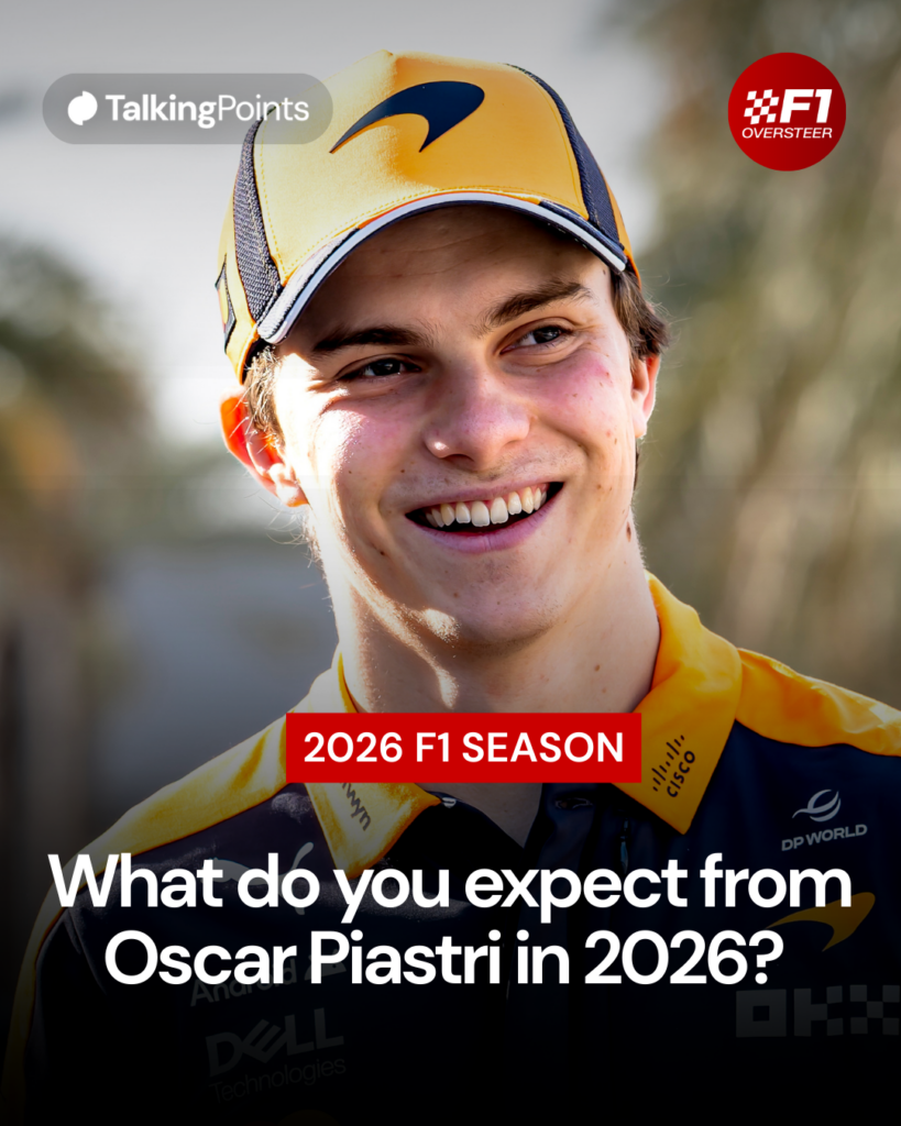 McLaren driver Oscar Piastri smiles in the paddock during 2026 F1 pre-season testing in Bahrain
