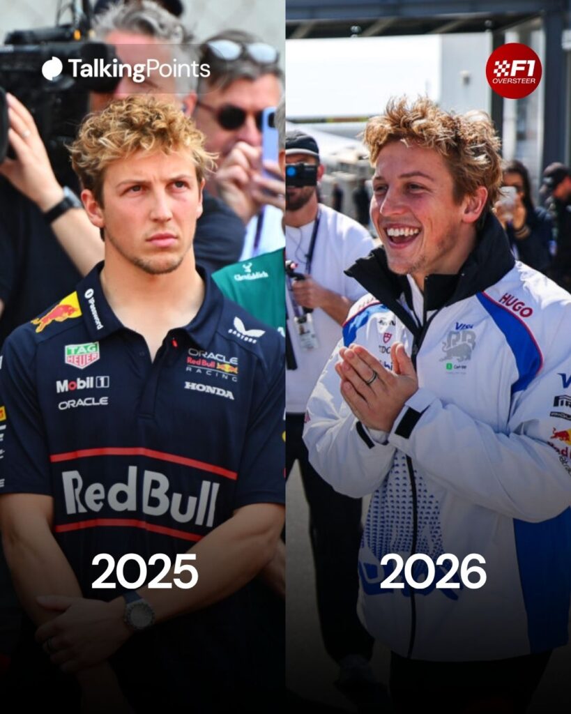 (L) Liam Lawson standing with other F1 personnel during a tribute to Eddie Jordan at the 2025 Chinese Grand Prix. (R) Liam Lawson being surprised by his Racing Bulls team at the 2025 Japanese Grand Prix.