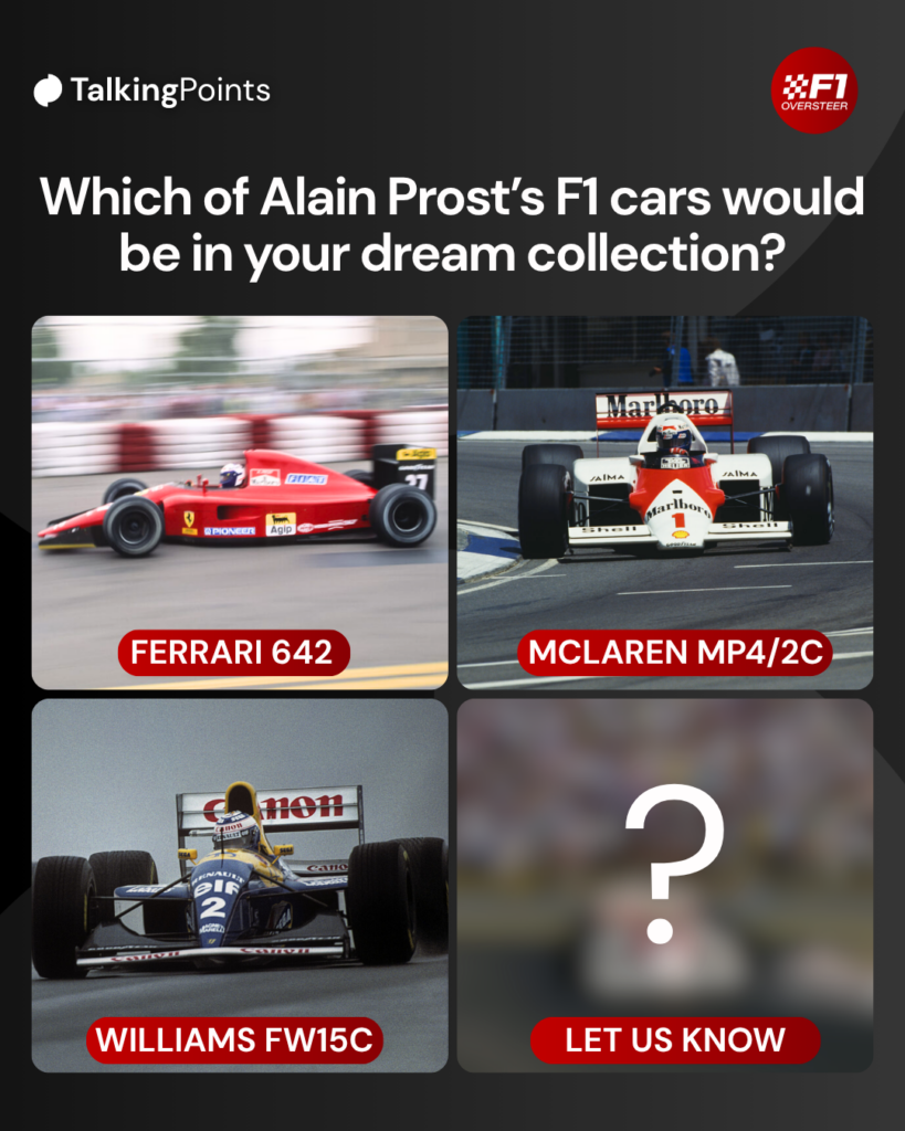 Graphic which shows three of Alain Prost's F1 cars, the Ferrari 642, McLaren MP4/2C and the Williams FW15C