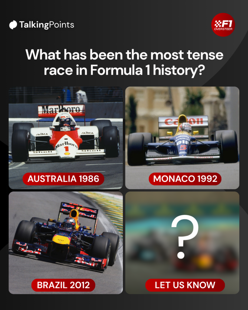 Graphic showing Alain Prost's 1986 McLaren, Nigel Mansell's 1992 Williams and Sebastian Vettel's 2012 Red Bull whilst asking fans for the most tense race