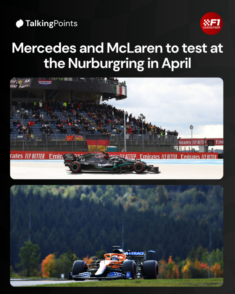 Graphic which shows both the Mercedes and McLaren F1 teams driving the Nurburgring at the 2020 Eifel Grand Prix