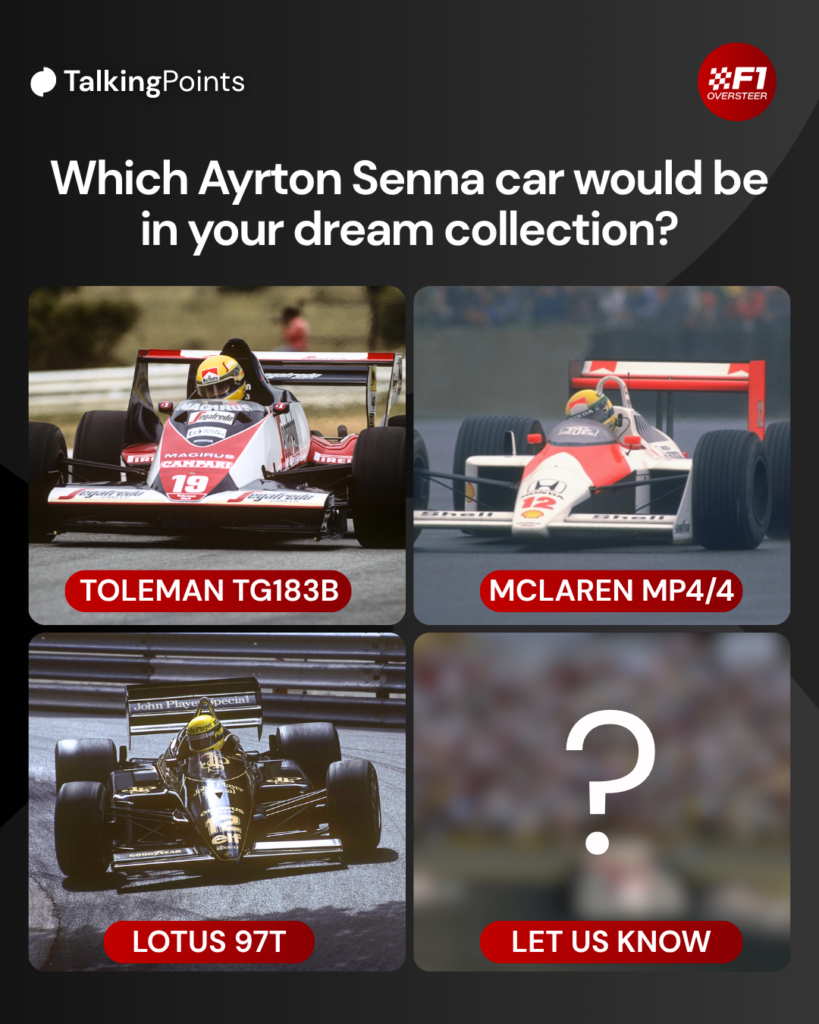 Graphic which shows three iconic Ayrton Senna cars, asking fans which one they would own