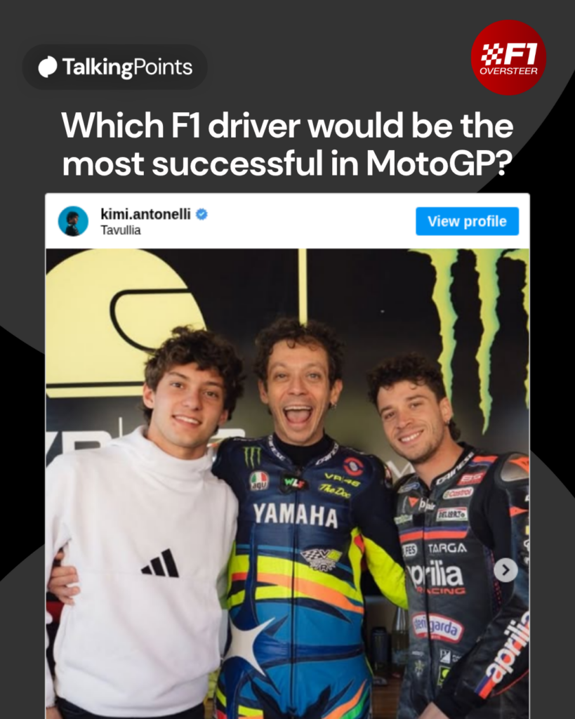 Mercedes F1 driver Kimi Antonelli with MotoGP legend Valentino Rossi and Aprilia's Marco Bezzecchi at Rossi's ranch