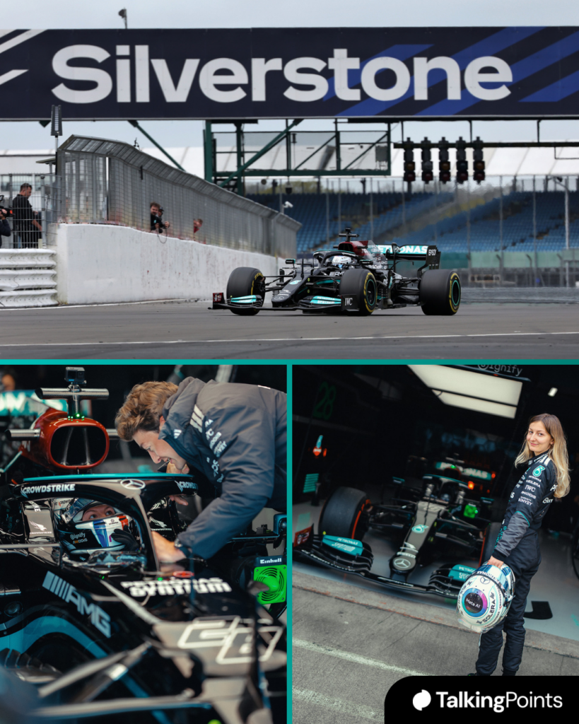 Three images of Doriane Pin testing the Mercedes W12 at Silverstone Circuit