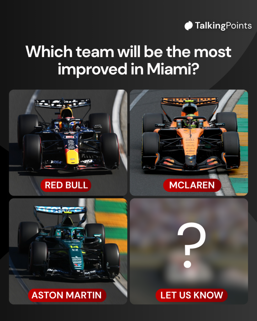 Graphic which shows the 2026 Red Bull, McLaren and Aston Martin cars and asks who will