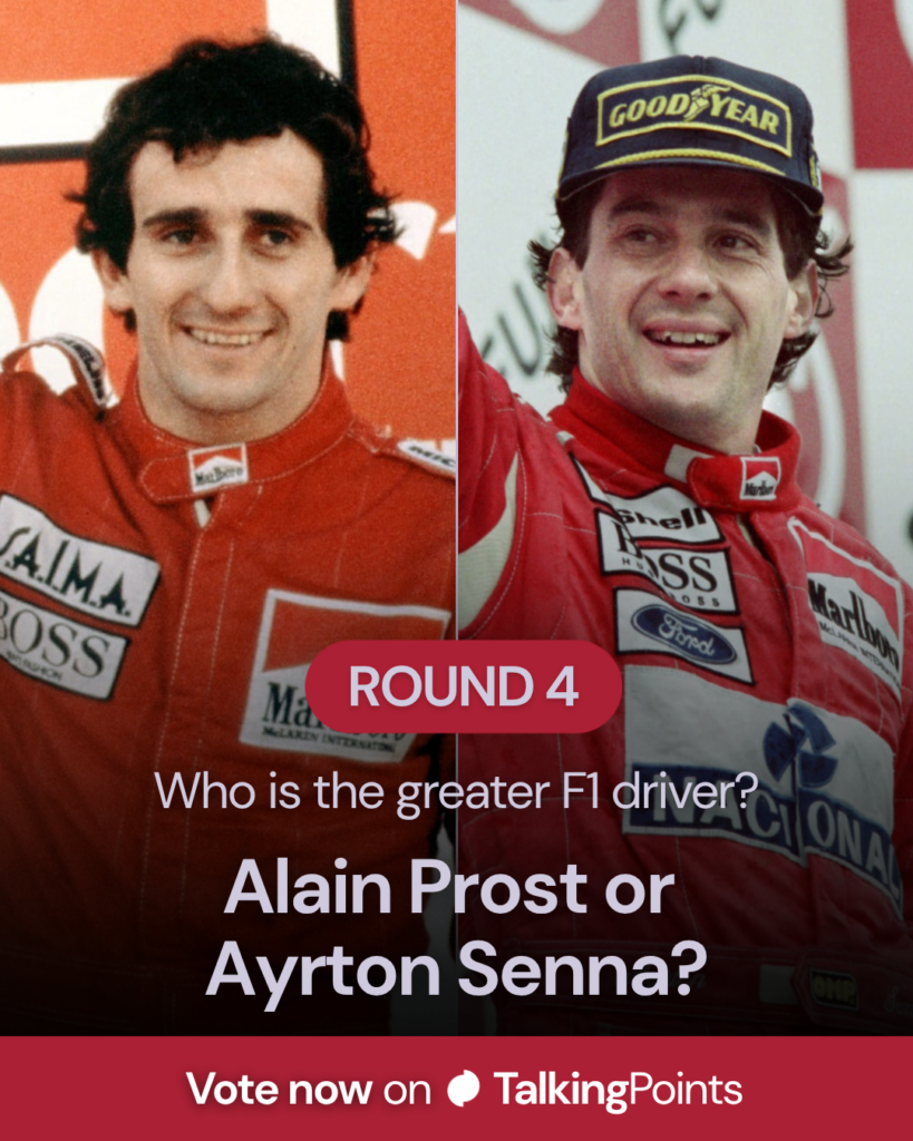 Split image of Alain Prost and Ayrton Senna celebrating on podiums during their F1 careers
