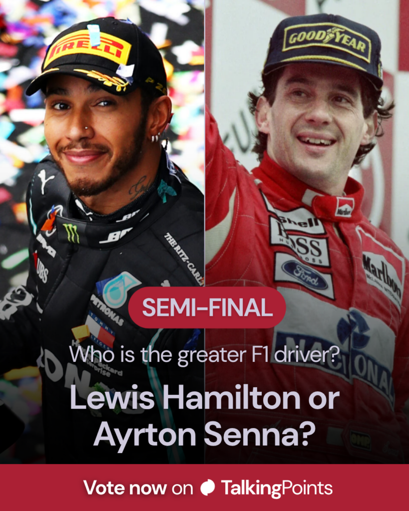 Graphic which shows side by side images of Lewis Hamilton and Ayrton Senna after winning F1 races