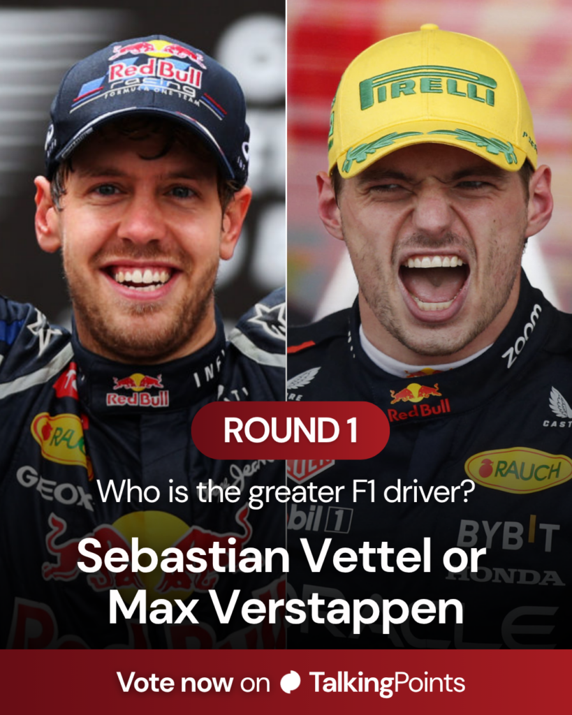 Pictures of Sebastian Vettel and Max Verstappen celebrating wins whilst F1 Oversteer asks who is the greater driver