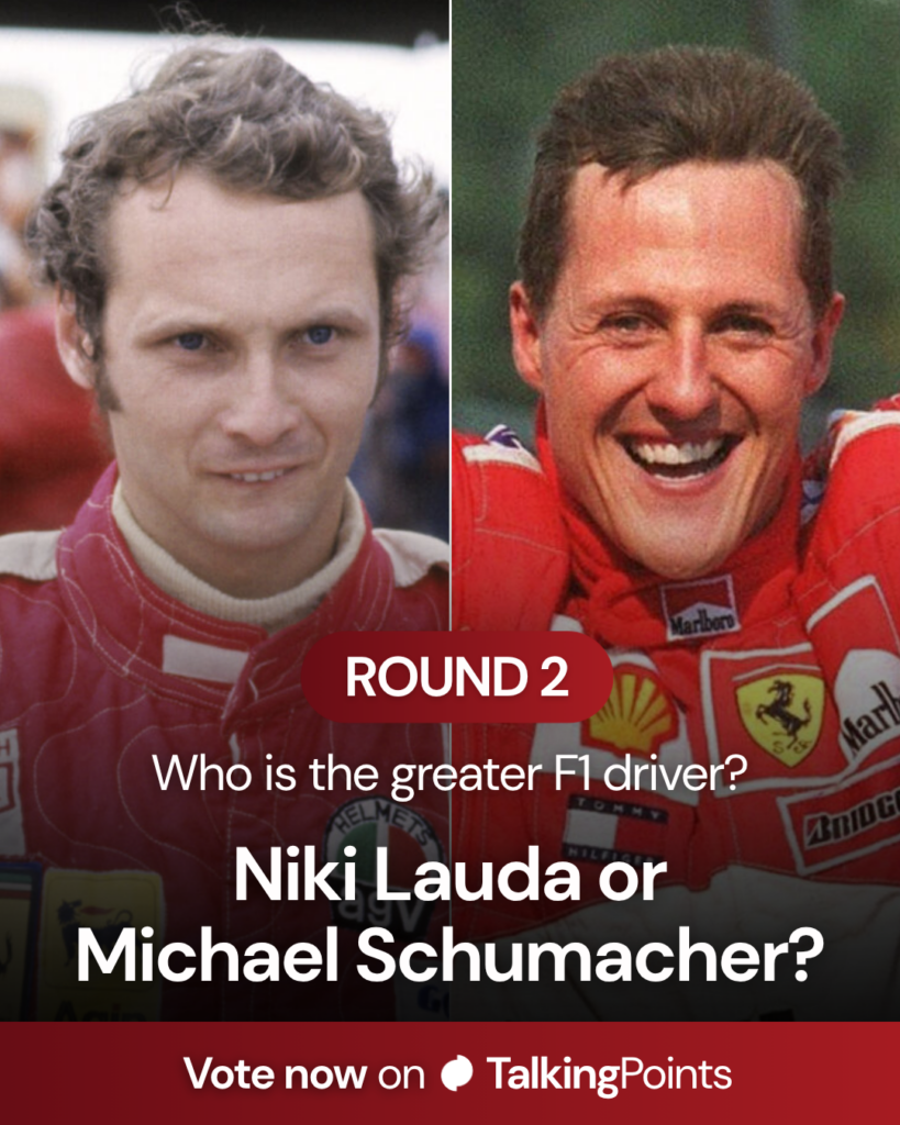 Graphic which shows side by side images of Niki Lauda and Michael Schumacher, whilst asking fans who was the greater driver?