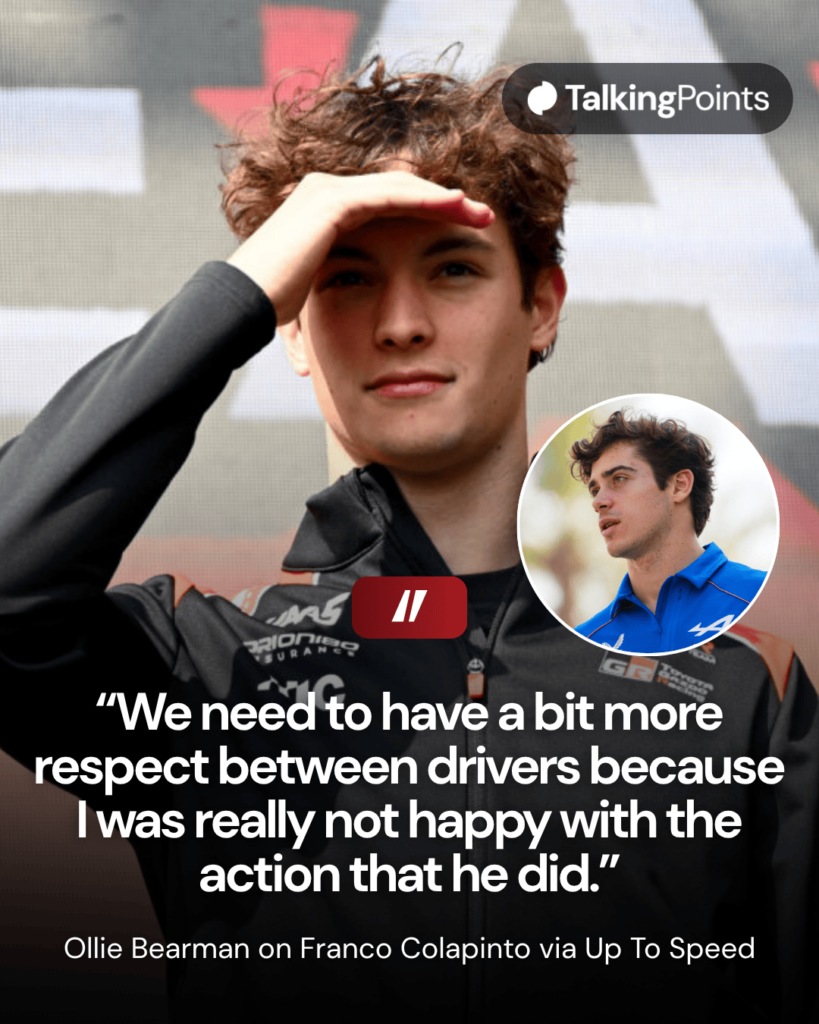 Oliver Bearman of Haas looks on from the stage at the 2026 Chinese Grand Prix, inset Franco Colapinto