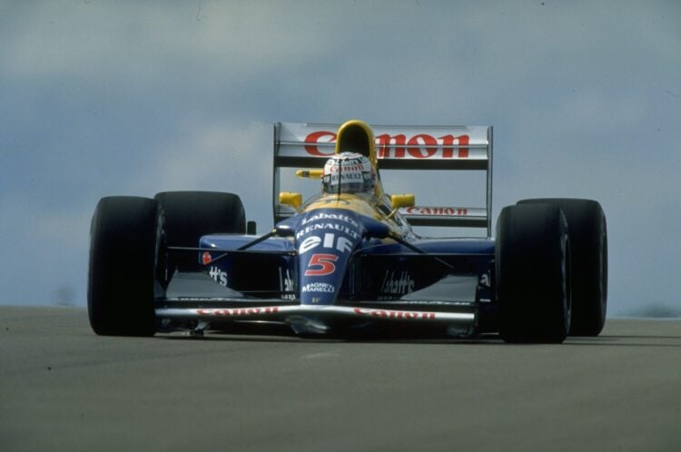 1992: Nigel Mansell of Great Britain in action in his Williams Renault during the British Grand Prix at the Silverstone circuit in England. Mansel...