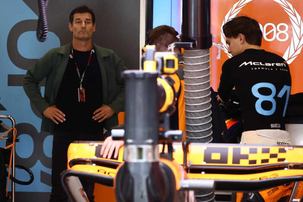 Mark Webber and Oscar Piastri of McLaren before sprint ahead of the Formula 1 Belgian Grand Prix at Spa-Francorchamps in Spa, Belgium on July 29, 2023.