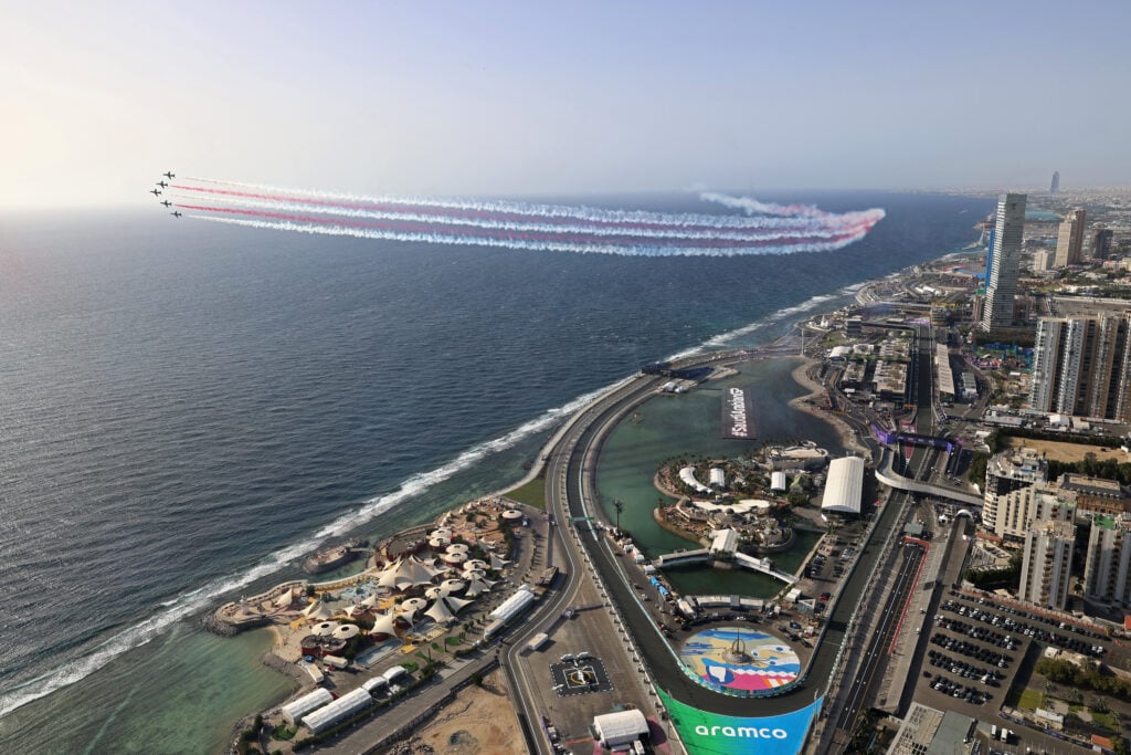 The Saudi Hawks aerobatics team performs during an airshow before the start of the third practice session at the 2024 Saudi Arabian Grand Prix