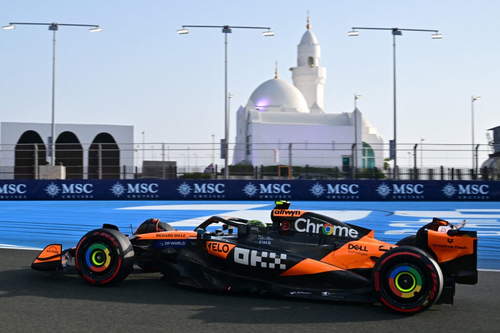 McLaren's British driver Lando Norris drives during the third practice session of the 2025 Saudi Arabia Formula One Grand Prix at the Jeddah Corniche Circuit on April 19, 2025.
