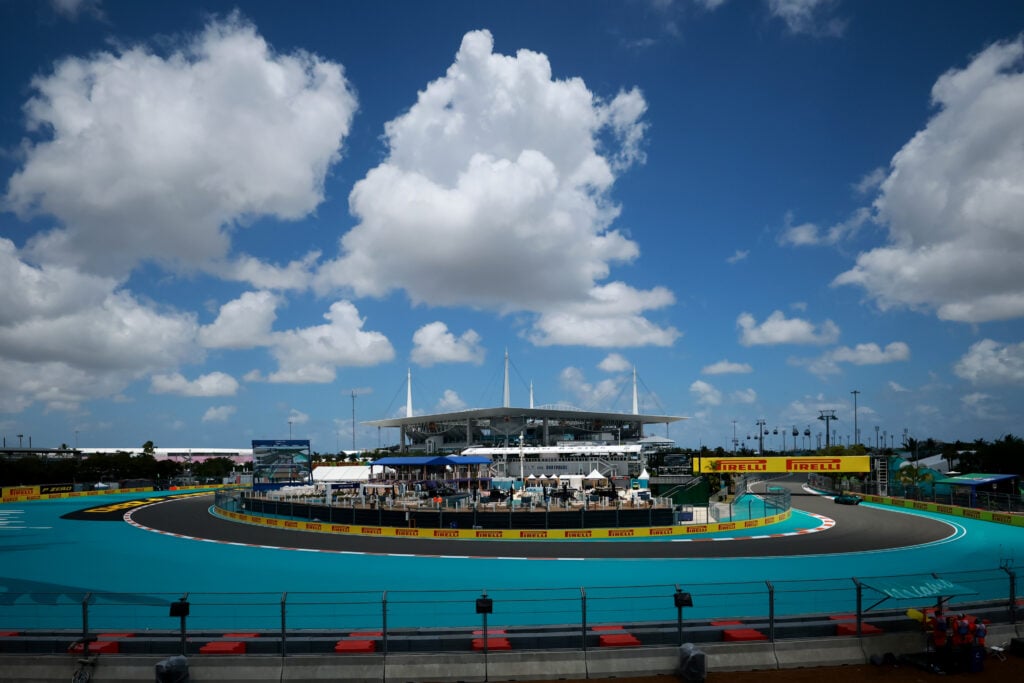 Shot of Hard Rock Stadium with the F1 Miami International Circuit running past
