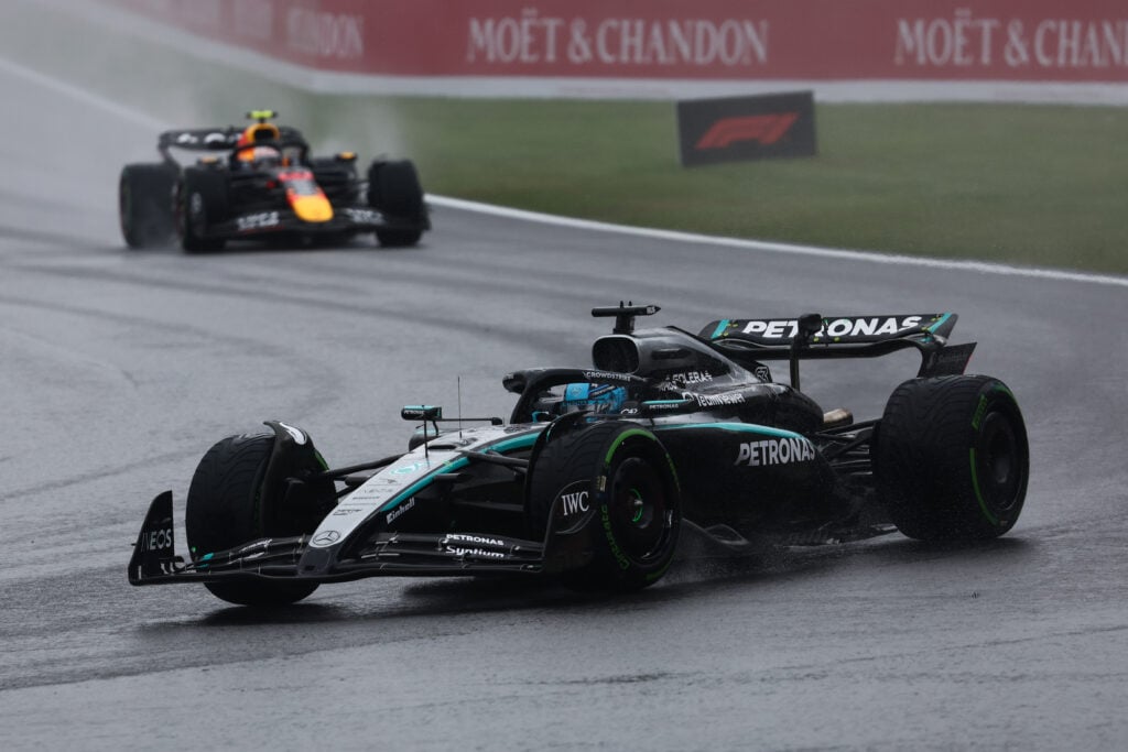 George Russell of Mercedes and Yuki Tsunoda of Red Bull Racing ahead of the Formula 1 Belgian Grand Prix at Spa-Francorchamps in Spa, Belgium on July 27, 2025.