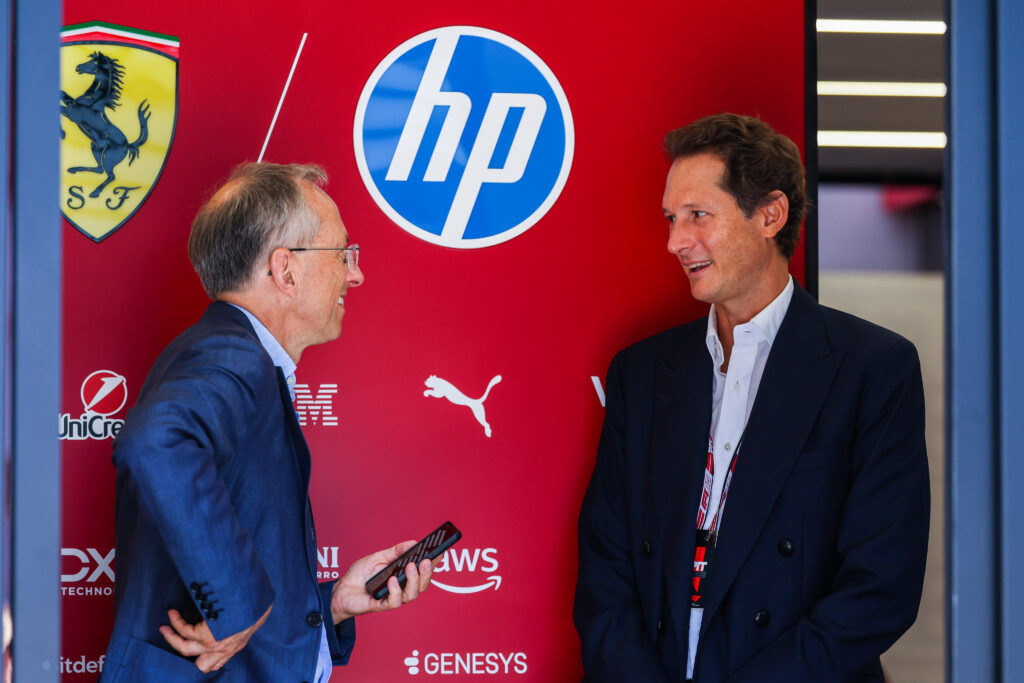 John Elkann President Executive of Ferrari, CEO of Exor and President of Stellantis and Benedetto Vigna CEO of Ferrari are seen during F1 Grand Prix of Italy 2025 - Race at Autodromo Nazionale Monza.