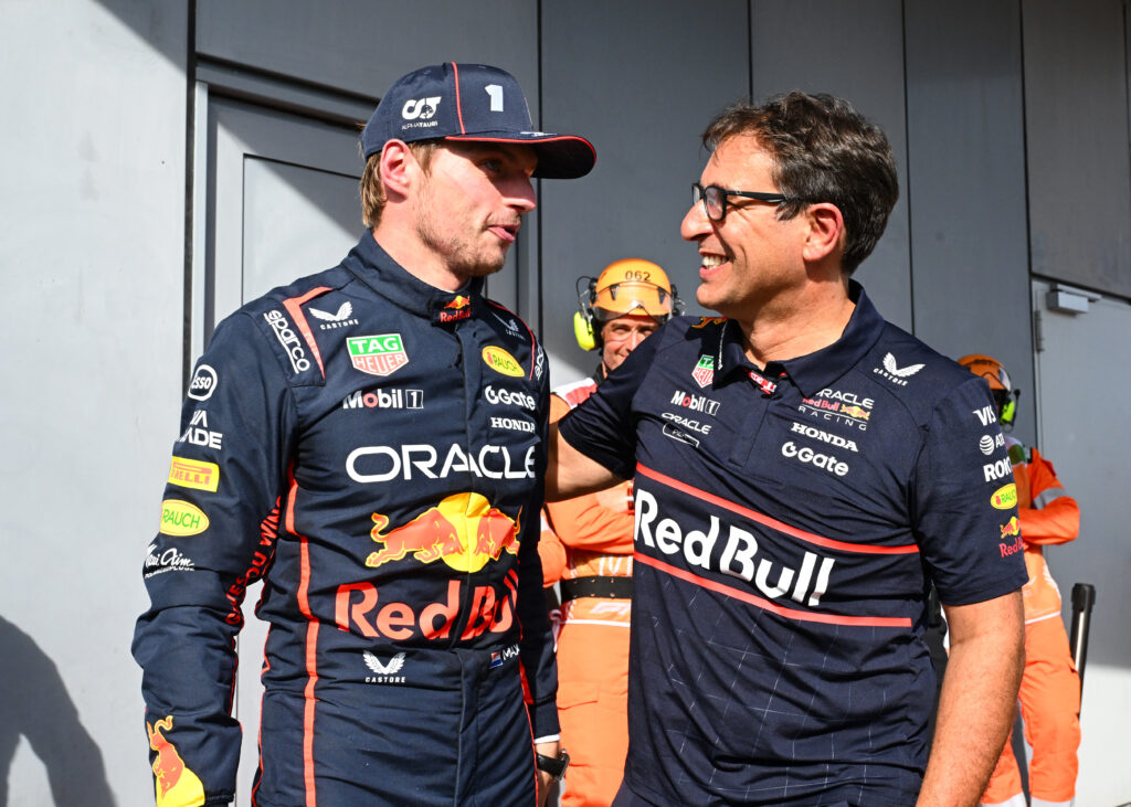 Race winner Max Verstappen of the Netherlands and Oracle Red Bull Racing and Pierre Wache, Technical Director of Oracle Red Bull Racing celebrate in parc ferme during the F1 Grand Prix of Italy at Autodromo Nazionale Monza on September 07, 2025 in Monza, Italy.
