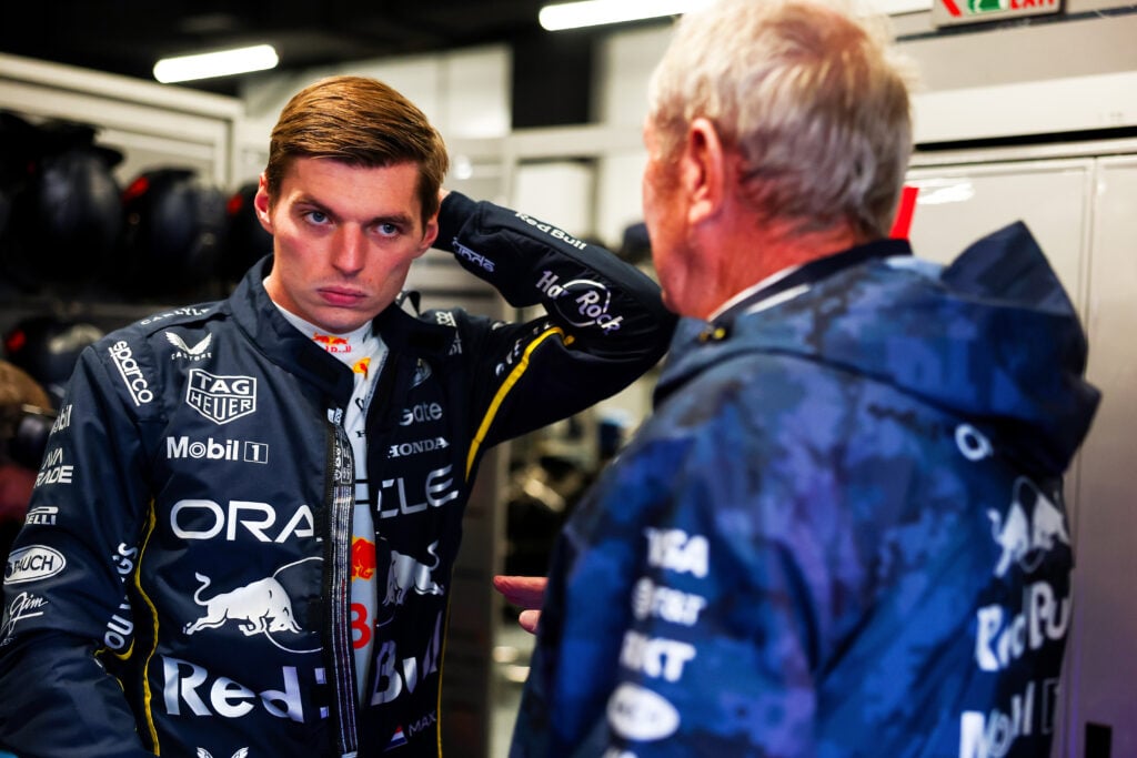 Max Verstappen of the Netherlands and Oracle Red Bull Racing talks with Dr Helmut Marko, Team Consultant of Oracle Red Bull Racing in the garage during practice ahead of the F1 Grand Prix of Las Vegas at Las Vegas Strip Circuit on November 20, 2025 in Las Vegas, Nevada.