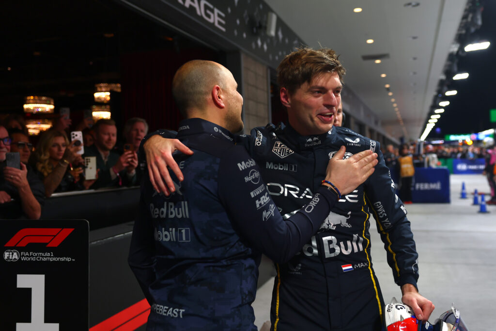 Race winner Max Verstappen of the Netherlands and Oracle Red Bull Racing and Gianpiero Lambiase, Head of Racing of Oracle Red Bull Racing celebrate in parc ferme during the F1 Grand Prix of Las Vegas at Las Vegas Strip Circuit on November 22, 2025 in Las Vegas, Nevada.