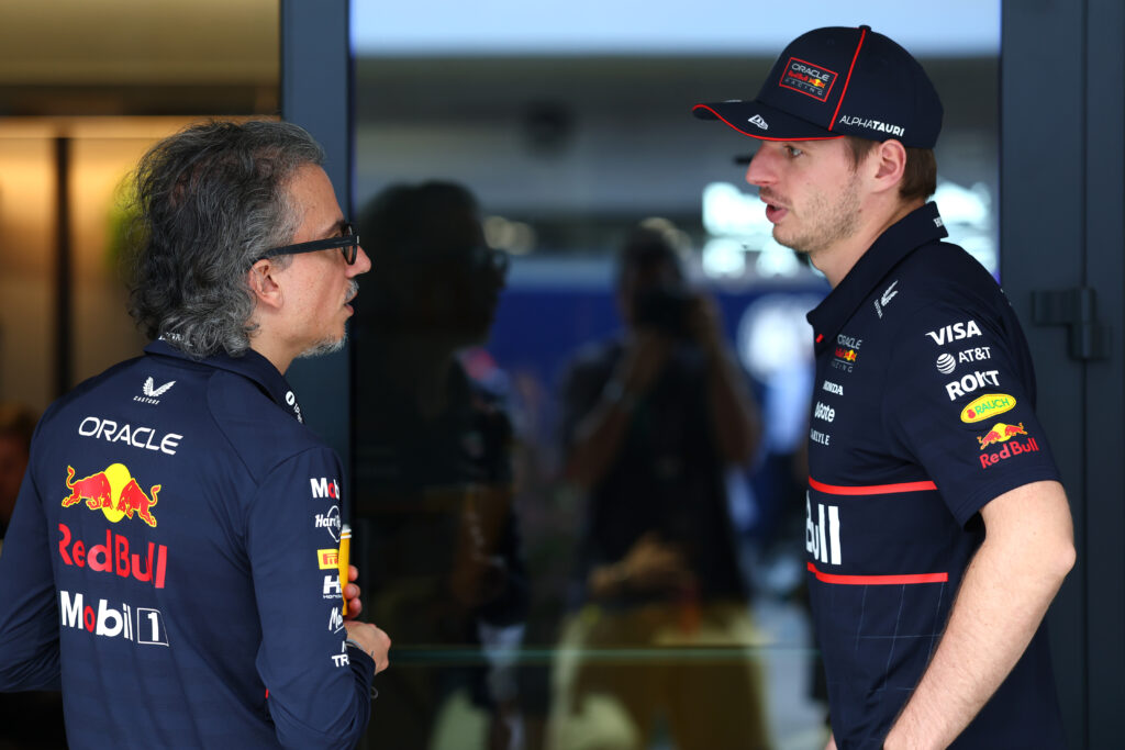 Laurent Mekies, Team Principal of Oracle Red Bull Racing and Max Verstappen of the Netherlands and Oracle Red Bull Racing talk in the Paddock prior to the F1 Grand Prix of Qatar at Lusail International Circuit on November 30, 2025 in Lusail City, Qatar.