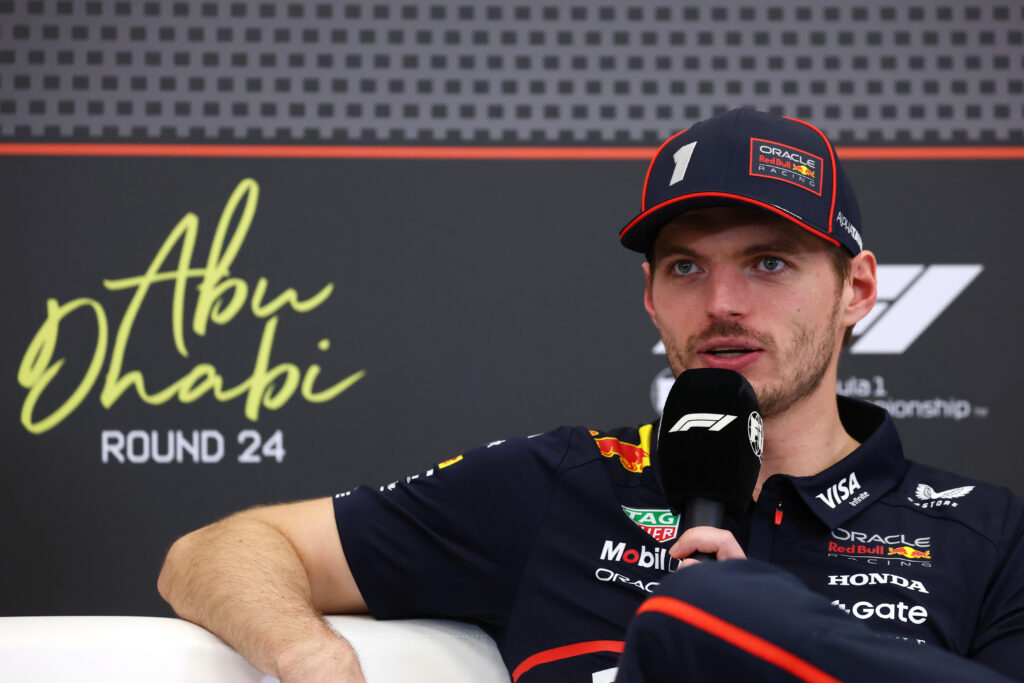 Race winner Max Verstappen of the Netherlands and Oracle Red Bull Racing in the Drivers Press Conference during the F1 Grand Prix of Abu Dhabi at Yas Marina Circuit on December 07, 2025 in Abu Dhabi, United Arab Emirates.