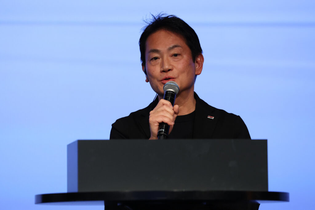 President of Honda Racing Corporation Koji Watanabe speaks to the media during Honda x Aston Martin Aramco Formula One team launch on January 20, 2026 in Tokyo, Japan.