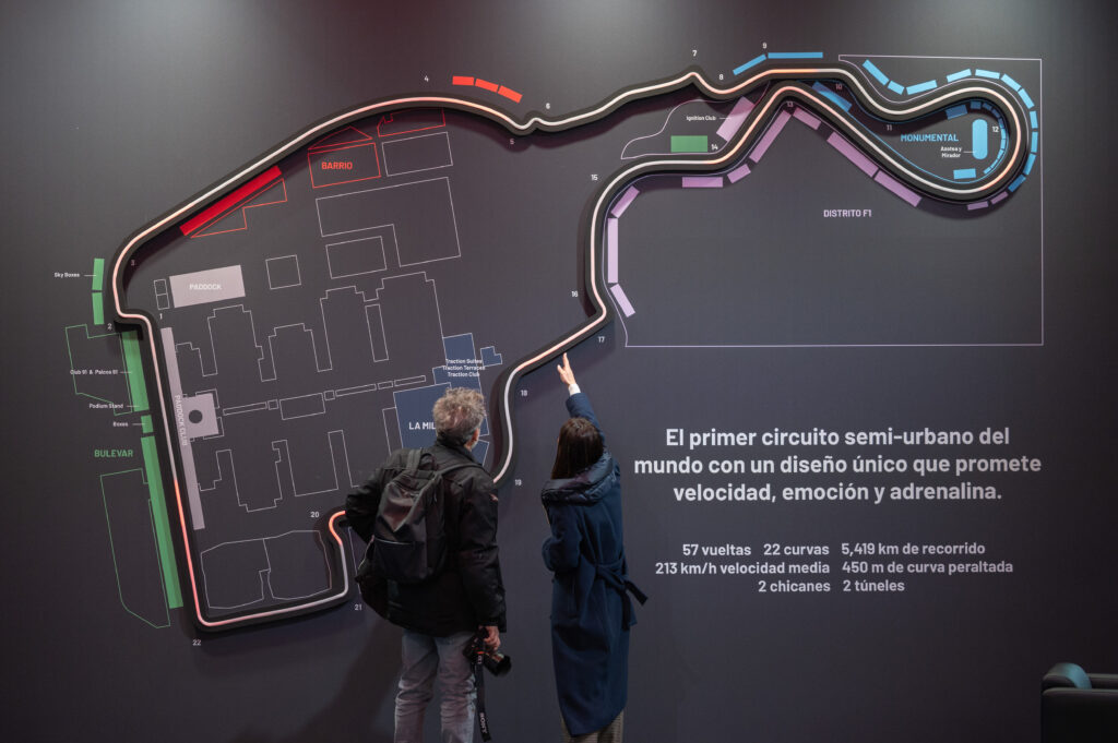 Visitors look at a display of the new urban circuit of the capital, Madring, that will host the 2026 Formula 1 Spanish Grand Prix scheduled for September 13, at the International Tourism Fair FITUR 2026. The 46th edition of FITUR showcases tourism trends and the newest travel technologies and destinations with Mexico as the partner country.