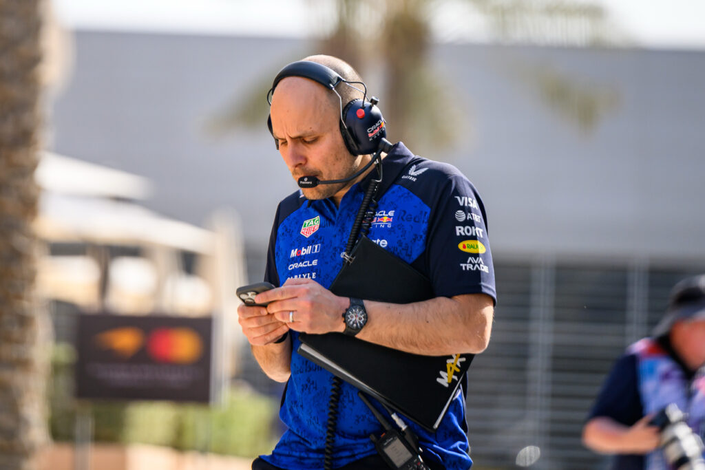 In Sakhir, Bahrain, on February 11, 2026, Max Verstappen's race engineer, Gianpiero Lambiase of Oracle Red Bull Racing, participates in Formula 1 Pre-Season Testing Day 1.